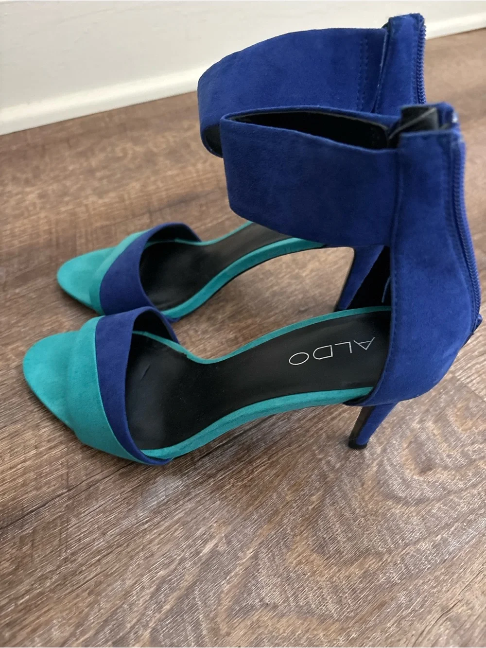 ALDO Two-Tone Blue and Teal Suede Ankle Strap Heels